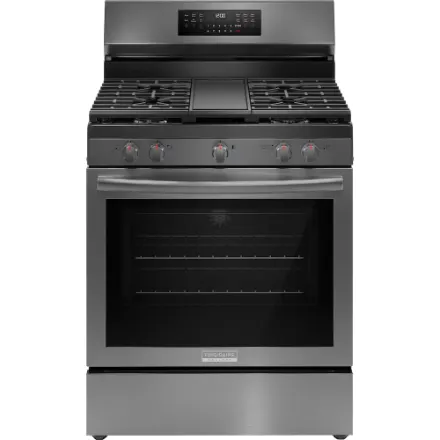Frigidaire Gallery Gas Range with 5 Burner Cooktop, Air Fry and no Pre-heat oven in Smudge-Proof Black Stainless Steel GCRG3060BD