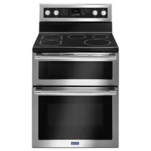 Maytag Electric Glass-Ceramic Top Range with Self-Cleaning Convection Double Oven in Fingerprint Resistant Stainless Steel YMET8800FZ05