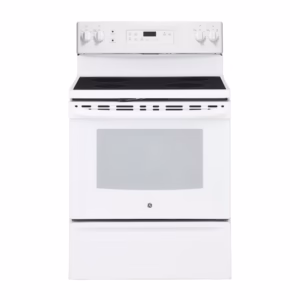 GE 30-inch Free-Standing Electric Range with Smoothtop Cooktop, Self-Clean 5.0 cu. ft. Oven and Storage Drawer in White JCB630DKWW