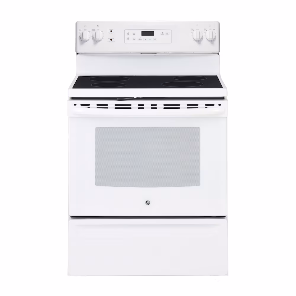 GE 30-inch Free-Standing Electric Range with Smoothtop Cooktop, Self-Clean 5.0 cu. ft. Oven and Storage Drawer in White JCB630DKWW